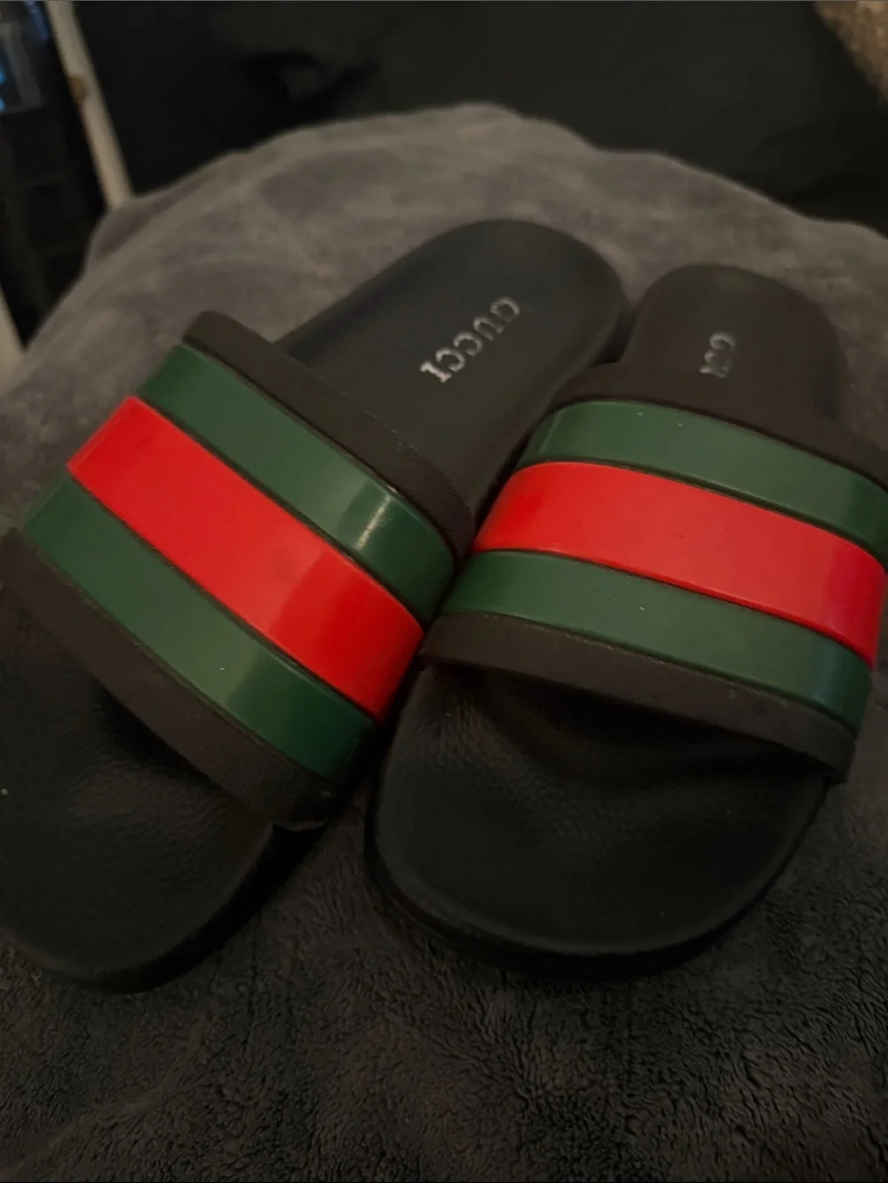 Gucci Black Slides with Red & Green Web Stripe